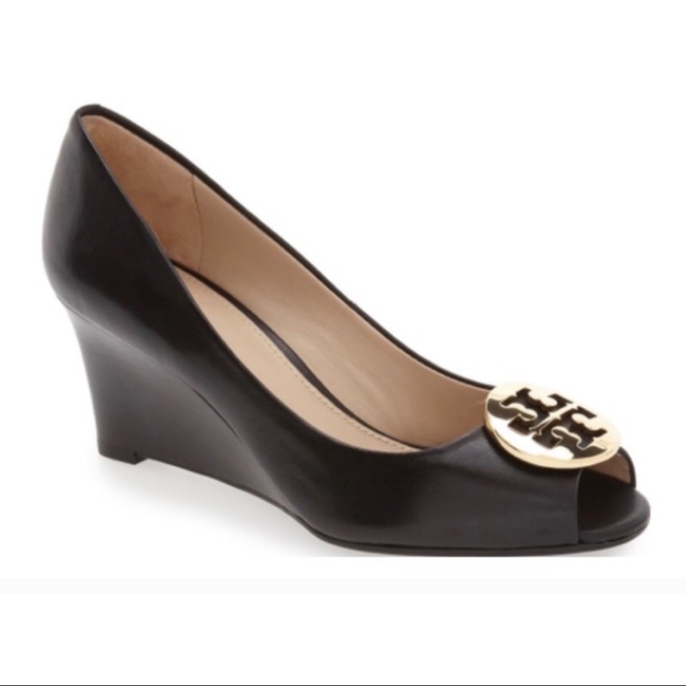 Tory Burch black Kara Peep Toe Wedge